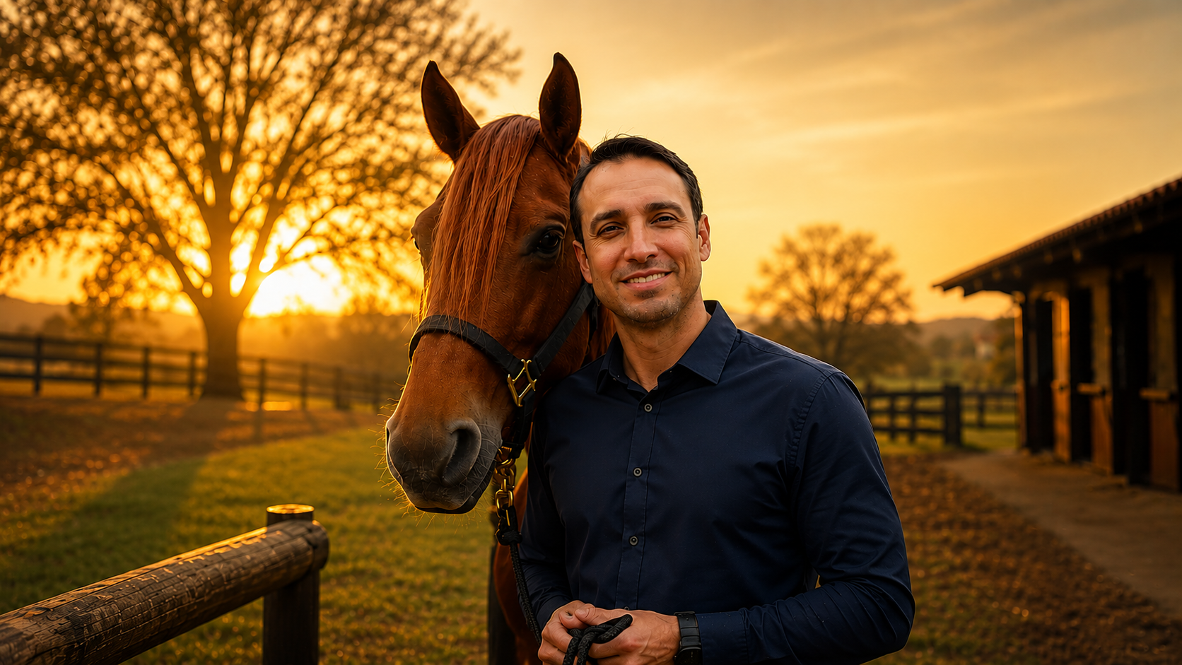 Rodrigo Gerardin ao lado de um cavalo, em tons dourados do pôr do sol no haras